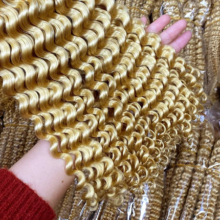 613 Deep Wave Crochet Human Hair Bulk Knotless Pre-Separated Kinky Curly With String Pre-Looped Reusable Hair Extensions 14-24''