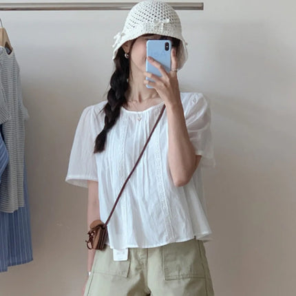 Sweet Sle Lace Trim Blouse Women's Spring Summer Fre Youthful Doll irt Gathered Paneling Romantic Forest Girl Gentle