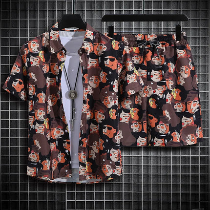 Hainan Island Beach Shirt Men's Set Sanya Travel Hawaii Large Size Floral Print Five-Quarter Pants Short Sleeve Casual Shirt