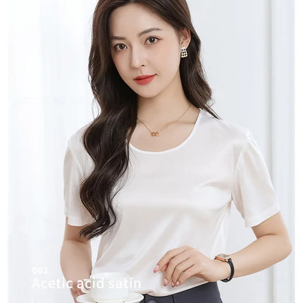Summer High-End Women's Short Sleeve T-Shirt Acetate Fabric Knitted European Style Thin Hot Selling Top for Ladies