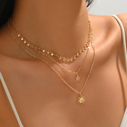 Gold Layered Star Necklace Set For Women 3PCS Dainty Sun Pendant Choker Adjustable Necklace for Daily Beach Party Gift