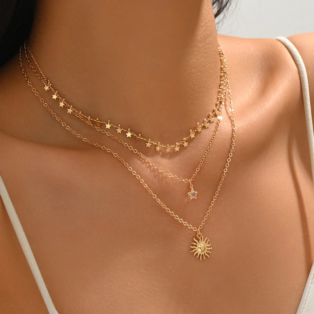 Gold Layered Star Necklace Set For Women 3PCS Dainty Sun Pendant Choker Adjustable Necklace for Daily Beach Party Gift