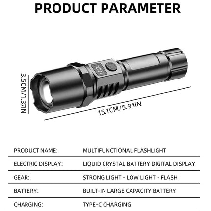 10000LM High Power LED Flashlight Long-range USB C Rechargeable Flashlight Power Display Zoom Lantern For Outdoor Camping Torch