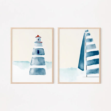 2 Pieces of Frameless Canvas Posters,Blue Watercolor Style,Summer Beach Art Poster Printing,Modern Ideal Home Wall Decor Gift
