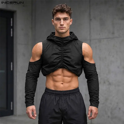 INCERUN Men's T Shirt Solid Color Pleated Off Shoulder Long Sleeve Hooded Men Clothes Streetwear Loose 2026 Crop Tops For Man