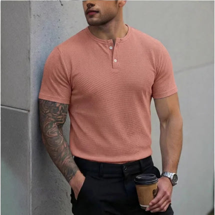 Men's Henley Collar Polo Shirt, Short Sleeve T-Shirt, Summer Casual Button-Down Placket Street Style Base Layer, S-3XL.