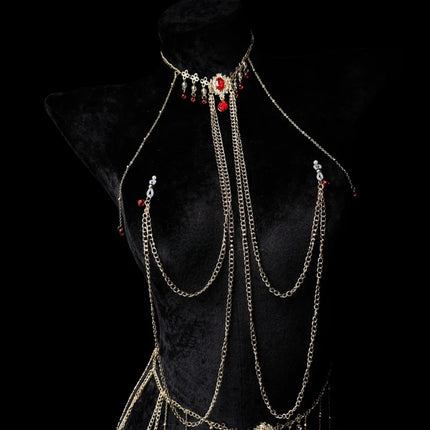 Red Gem Nipple Clamps Body Chain Integrated Sensual Body Restraint Sexy Accessories Breast Clips Bell Pendants Adult Sex Toy 18+