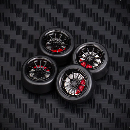 1 Set 10.8mm 1/64 Model Car Wheels for HW Ball Bearing Tires with Brake Disc Caliper Axles Rims for 1:64 Toy Models Tomica JDM