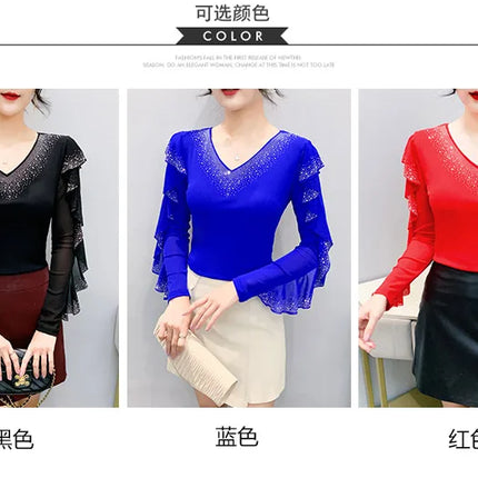 2025 Autumn New Style Mesh Tops Korean Fashion Round Neck Ruffles Shirt Lotus Leaf Edge Hot Diamond Long Sleeve Women T-Shirt
