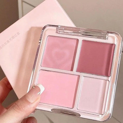 4-Color Pink Peach Blush & Highlighter Palette - Matte Cream Powder, Brightening Color-Boosting Cheek Makeup Rouge