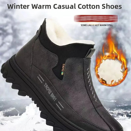 Men's Winter Casual Shoes Thickened Fleece Lined Waterproof Leather Surface Warm Wear Resistant Work Shoes Slip on round Toe