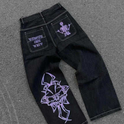 American Street Trend Letter Embroidered Loose Jeans Men Harajuku Y2K New Hip Hop Oversized Wide-leg Pants Unisex Mopping Jeans
