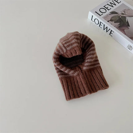 Winter Korean Fashion Children Baby Knit Hooded Scarf Caps Warm Stripe One Piece Hat Kids Accessories