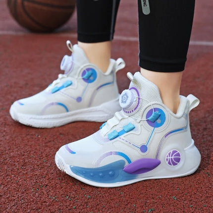 Children Basketball Shoes Boys Sports Comfortable Non Slip Flat Fitness Shoes 2025 New Rotating Button Sports Sneakers for Kids