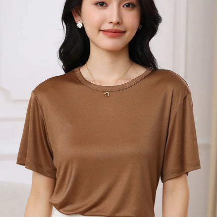 Summer Women's Short Sleeve O-Neck T-Shirt Knitted Acetate Fabric High-End Thin Pullover Top for Ladies