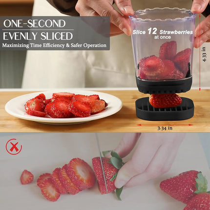 2-in-1 Detachable Fruit Slicer & Dicer, Stainless Steel Strawberry Slicer with Lid, Fruit Cutter with Push Plate for Banana Egg, Creative Cup Slicer, Must Have Vegetable Cutter Kitchen Gadget