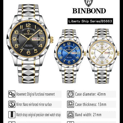 BINBOND Top Brand Luxury Men's Wristwatch Waterproof Luminous Date Week Men's Watches Stainless Steel Quartz Men's Watch Male reloj