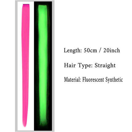 20 Inch Glow in the Dark Hair Extensions Clip Luminous Colored Hairpieces Party Rainbow Hair Clips Synthetic Straight Wig