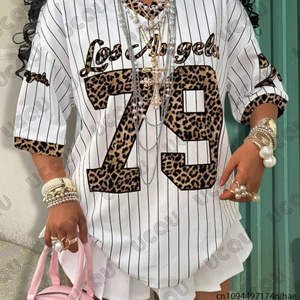 Summer New Los Angeles 79 Print Stripe T-shirt For Women V-Neck Short Sleeve Tees Sports Football Jersey Y2K Loose Oversized Top