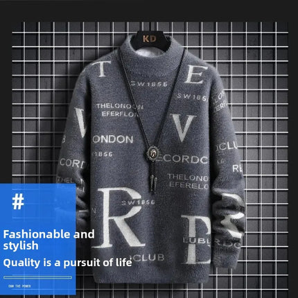 Men's Autumn Winter Fleece Lined Knitted Half High Collar Sweater Letter Pattern Thick Warm Casual Wear for All Seasons