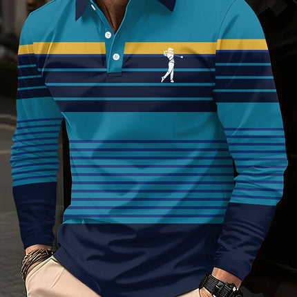 Men's long-sleeved striped polo shirt, men's high tie button, double-sided German velvet shirt for winter