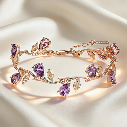 Kinel Luxury 585 Rose Gold Color Petal Bracelet For Women Fashion Shiny Purple Natural Zircon Accessories Ethnic Wedding Jewelry
