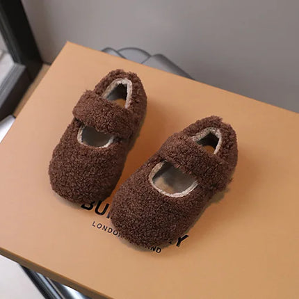 Children Fur Shoes 2024 Winter Kids Warm Plush Shoes For Girl Flat Loafers Moccasins Girls Casual Shoes Khaki, Beige