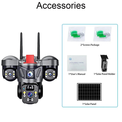 4G Solar Panel PTZ Camera 8MP Triple Lens Outdoor WiFi CCTV With High-speed Memory Card (Optio Home Security Surveillance Camera