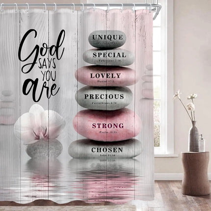 Pink Shower Curtain Bible Verse Scripture Christian Zen Stone Spa Meditation Relaxing Lotus Peach Blush Cloth Fabric Waterproof