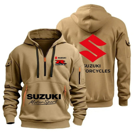 Suzuki Men's Autumn/Winter Hoodie High-Quality Outdoor Motorcycle Sweatshirt with Half-Zip Design And Multiple Pockets