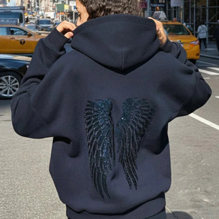 Casual Sequin Wings Hooded Sweatshirt Pant Set Women Solid Loose Full Sleeve Pullover Suit 2026 Spring Autumn Lady Daily Outfit