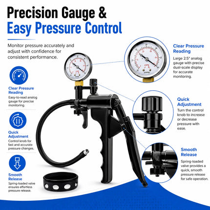 Men Manual Vacuum Pump Handle Replacement Set, Hand Grip with Pressure Gauge Hose Tube Connector Valve Accessory Kit