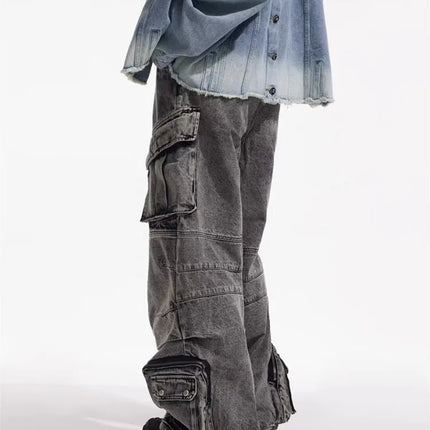 2025 Cyber Y2K Streetwear Washed Grey Baggy Cargo Jeans Pants For Men 90S Vintage Clothes Wide Leg Zipper Gothic Denim Trousers