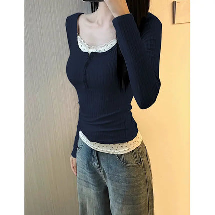Women's Streetwear Fake Two-Piece Long Sleeve T-shirt Floral Lace Trim Casual Slim Fit Tees Female Autumn Winter Bottoming Top