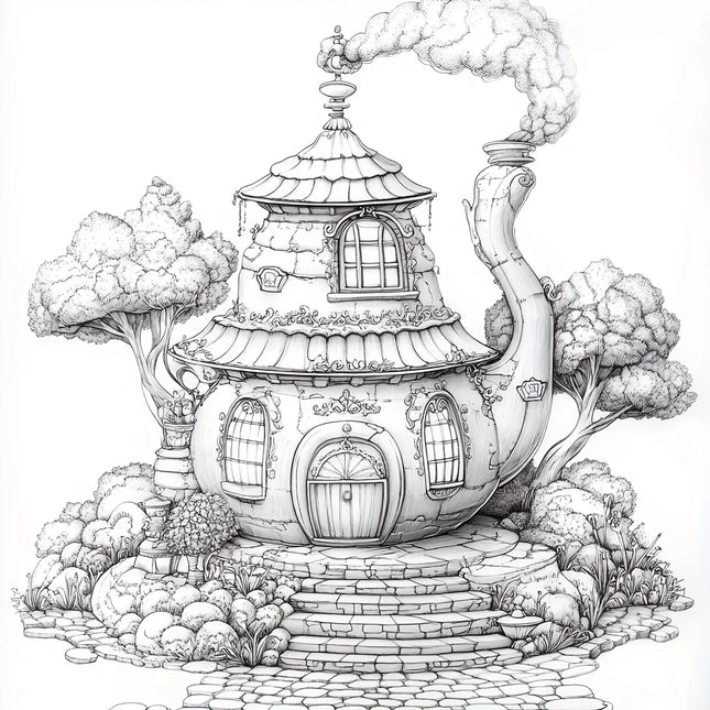 28 Pages Dreamy Teapot House Coloring Book for Adults, Birthday Party Gift, Drawing Supplies, Christmas, Thanksgiving, Halloween