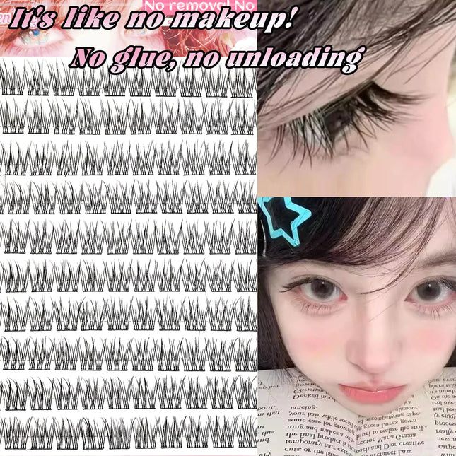 110PCS Self-Adhesive Eyelashes Triple Fish Tail Style Extremely Fine Black Stem False Lashes Clear Transparent Natural Look