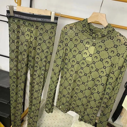 Moon Velvet Set Women Two Piece Korean Retro Long Sleeve Printed Base Shirt Pants Thin Perspective Spicy Girl Sexy