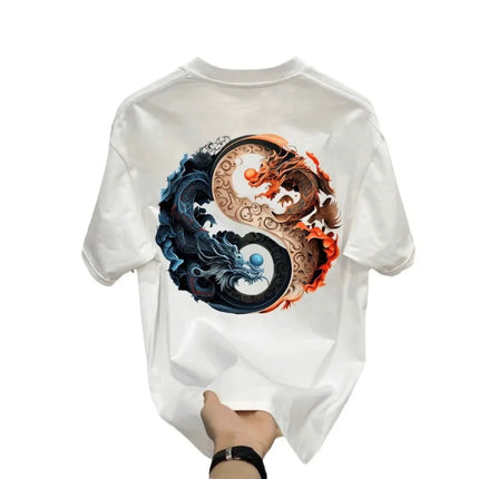 Men's Cotton T-shirts White 5XLT Shirt for Men Casual Summer Wear Chinese Loong Print Tee Shirts Black Men Clothing Fashion