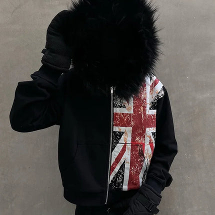 Winter Punk Style Distressed Union Hoodie women Fashion Retro Grunge Zip-up Sweatshirt Streetwear Oversized Hooded 2025 New