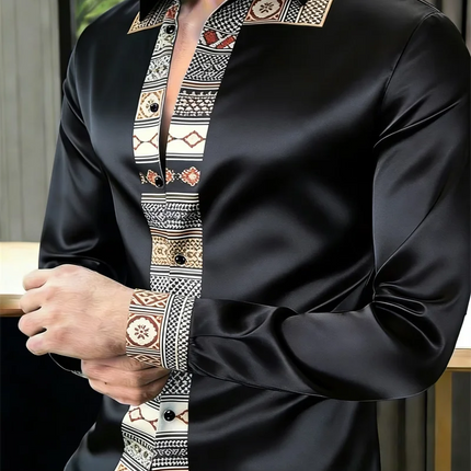New black satin ethnic style geometric border men's long sleeved shirt retro business casual shirt clothing
