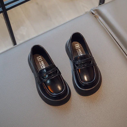 Girls Leather Shoes for Party Wedding Slip-on Simple Solid Black Kids UK Uniform School Shoes Children Loafers 2023 Four Season