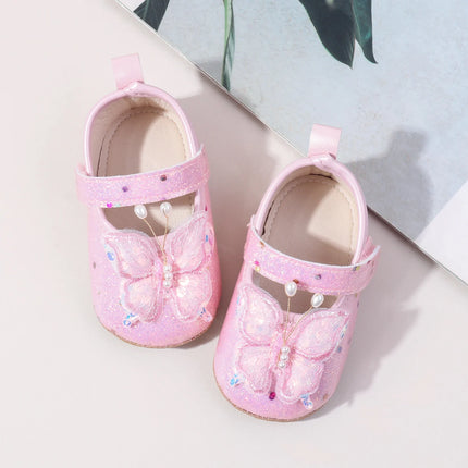 Shiny 3D Butterfly Princess Dress Shoes for Baby Girl Glitters Flats Non-Slip Crib Shoes Walking Shoes for Toddlers Infants