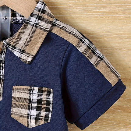 2-Piece Baby Boy Summer School Plaid Collared Short Sleeve Top + Casual Shorts New Fashion Casual Comfort Sports Suit
