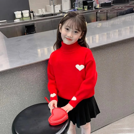 Girls' High Neck Velvet Winter Collection Children's Love Knitted Top Girls' Winter Thick Base Knitted Sweater