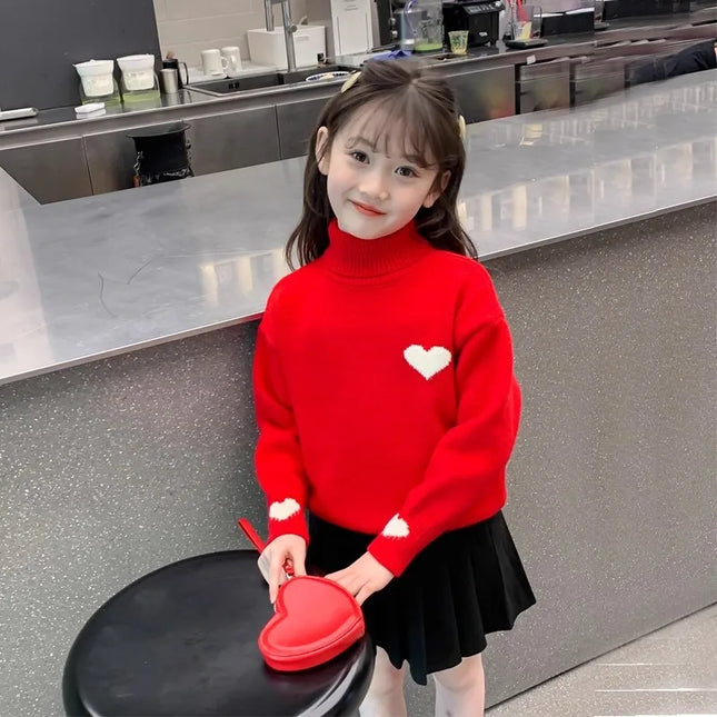 Girls' High Neck Velvet Winter Collection Children's Love Knitted Top Girls' Winter Thick Base Knitted Sweater