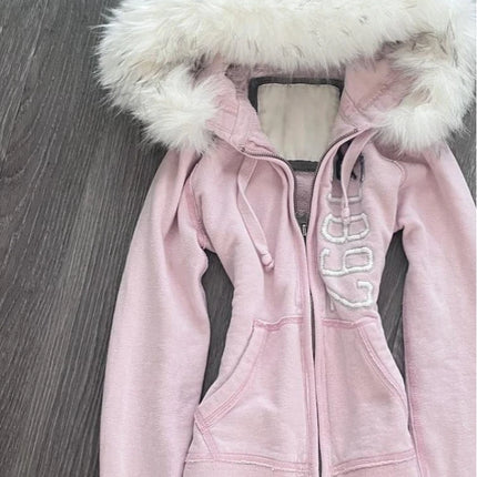 Winter Retro Pink Fur Hoodie Women's Y2K Harajuku Artificial Fur Collar Jacket Fashion Slimming Belt Hot Girl Sportswear