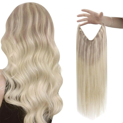 VeSunny Fish Line Human Hair Extension Wire Natural Hair One Piece Invisible Wire Hair Weft with 2 Clips Blonde Soft Remy Hair