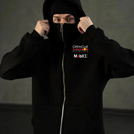 Red Bull Men's Zippered Hooded Sweatshirt Warmth and Casual Sports Wear with Zipper Face Mask Design Sports Jacket Racing Suit