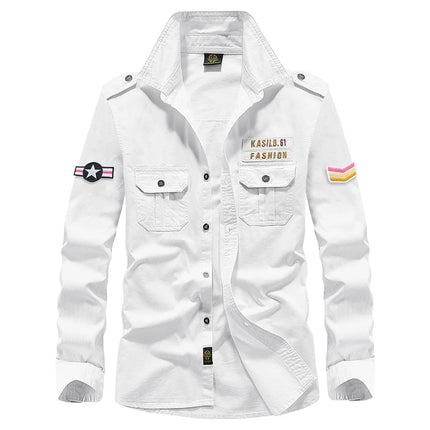 2025 New  Military Shirt Men Long Sleeve Casual Dress Shirt Male Cargo Work Shirts With Embroidery 115
