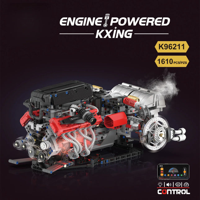 1610 pcs V12 Engine Building Blocks Assembly Model Set - APP remote control programmable MOC Kit with lights and spray